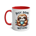 Cute sloth coffee mug with colorful design, available in 7 colors, 11oz ceramic, microwave and dishwasher safe.