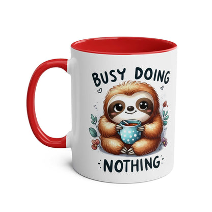 Cute sloth coffee mug with colorful design, available in 7 colors, 11oz ceramic, microwave and dishwasher safe.