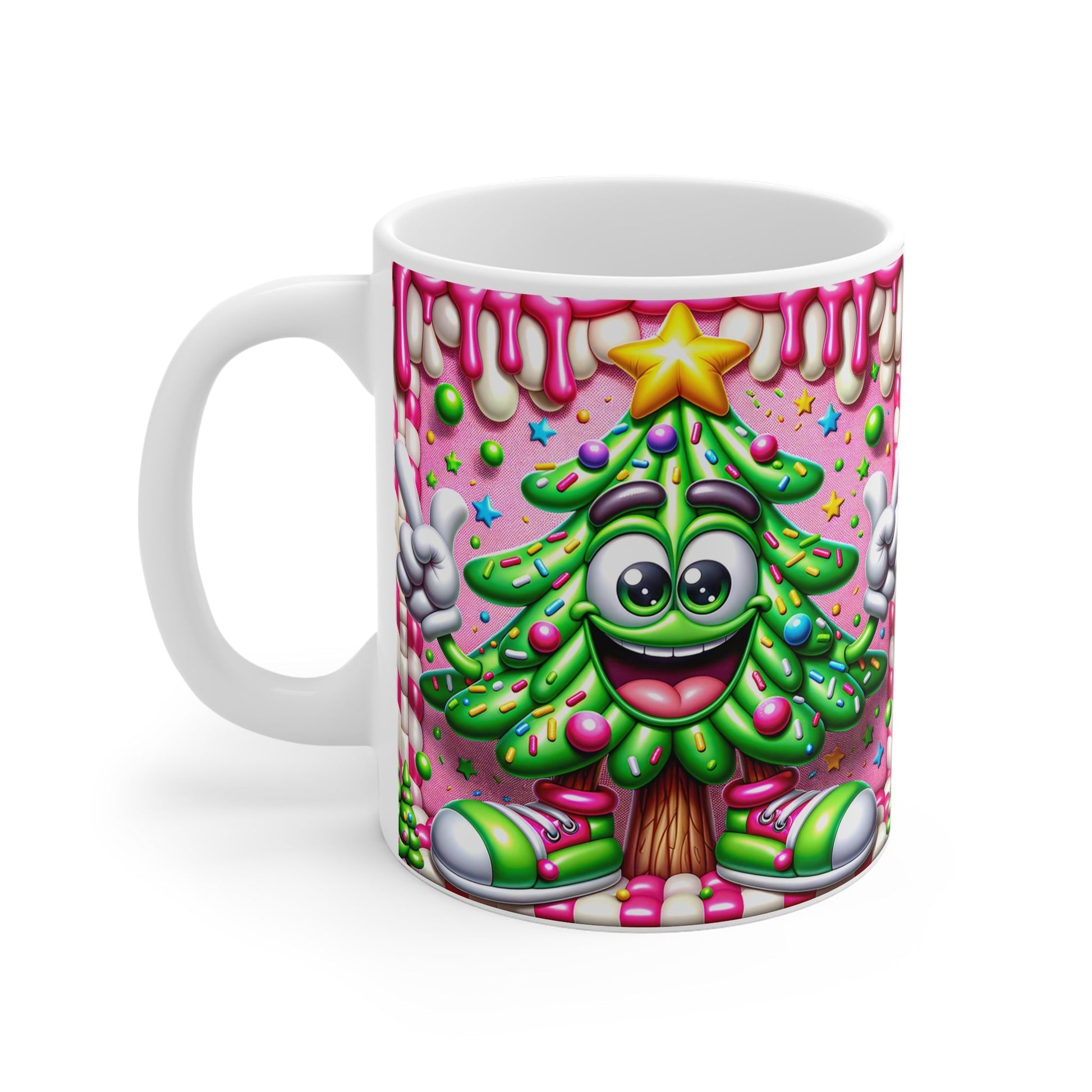 Cute Christmas mug with festive tree design, perfect for hot cocoa. Microwave and dishwasher safe.