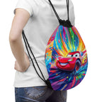 Child wearing colorful Cars-themed drawstring bag featuring red race car design and black cord straps