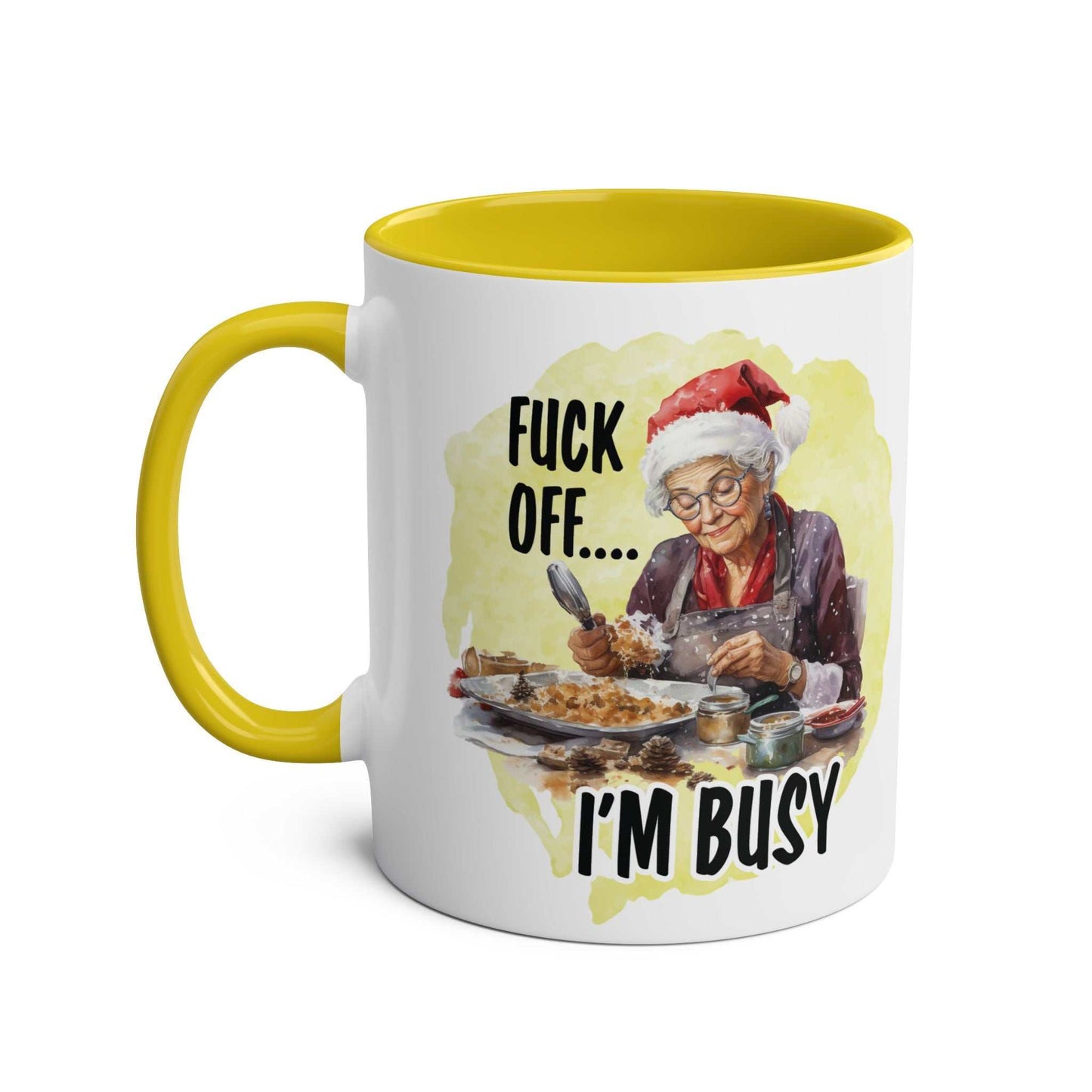 Sweary Granny Christmas Mug with humorous festive design, yellow handle, and interior.