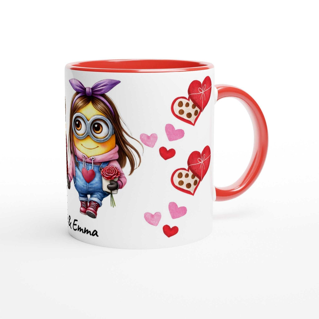 Cute Minions personalised Valentine' mug with hearts and chocolates design.