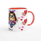 Cute Minions personalised Valentine' mug with hearts and chocolates design.