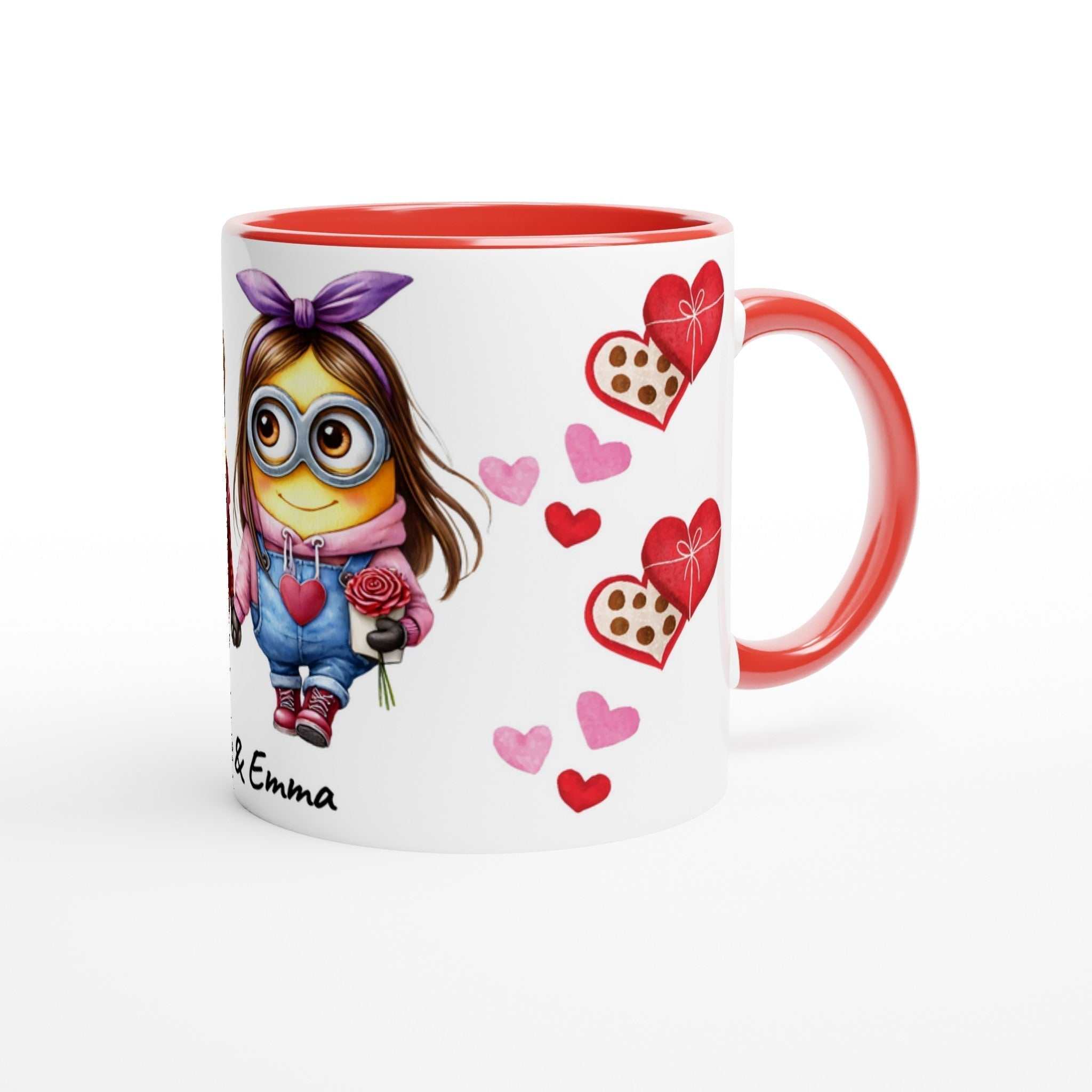 Cute Minions personalised Valentine' mug with hearts and chocolates design.