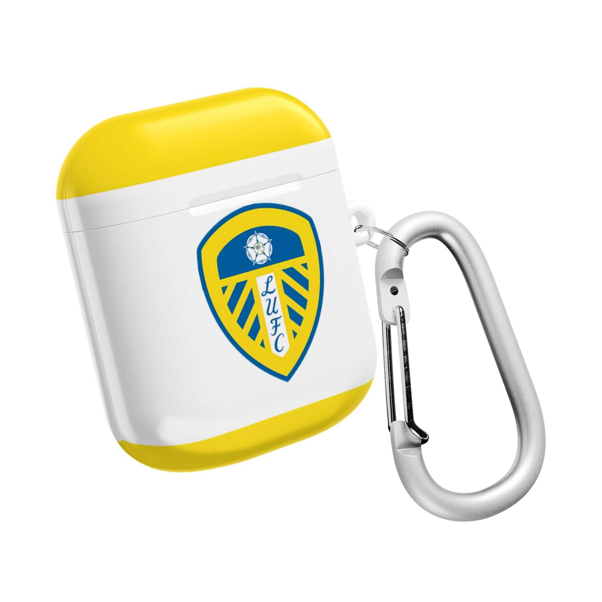 Leeds Utd FC AirPods case with yellow and white design and club crest, protective and wireless charging compatible
