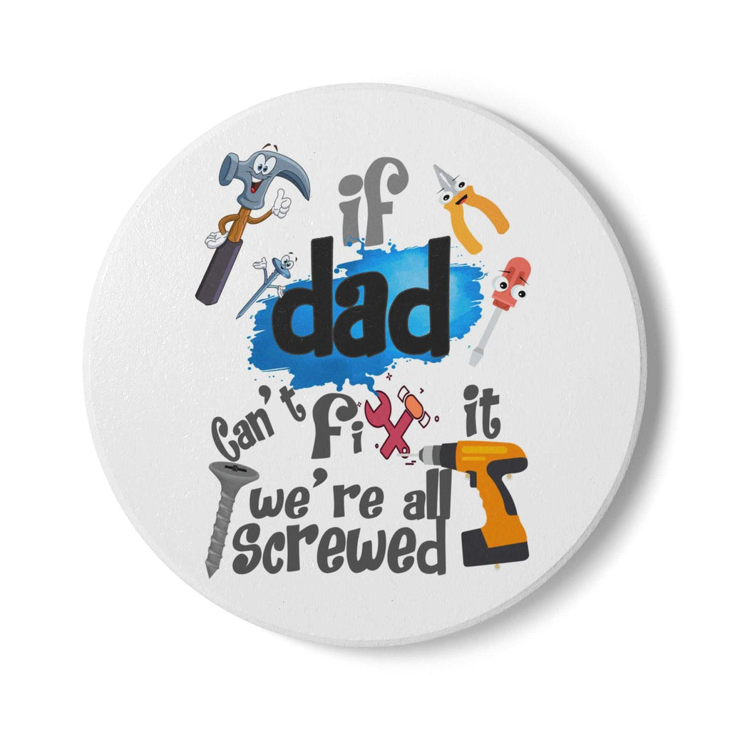 If Dad Cant Fix It ceramic coaster with playful tool illustrations and cork backing