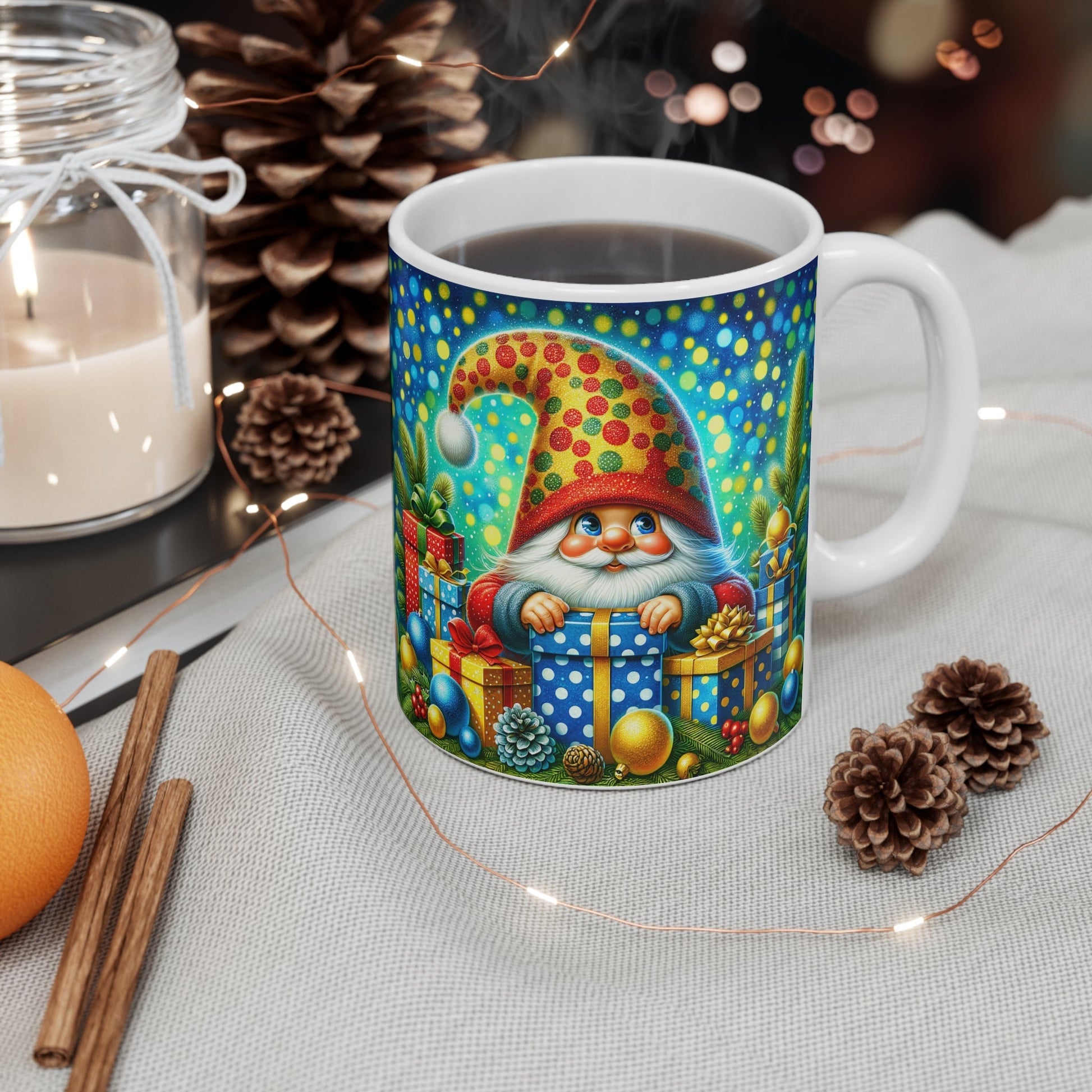 Cute gnome Christmas mug with festive design, perfect for holiday drinks.