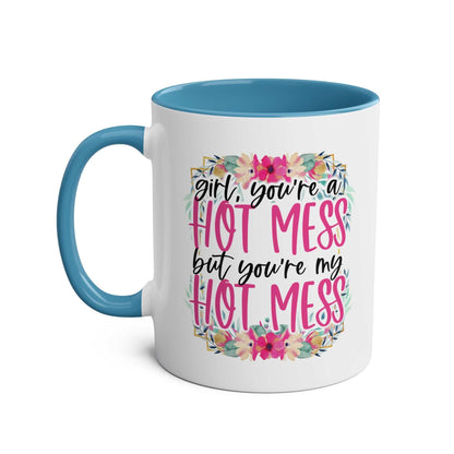 Hot Mess Coffee Mug with colorful floral design, sublimation print, glossy finish, 11oz ceramic, dishwasher safe.