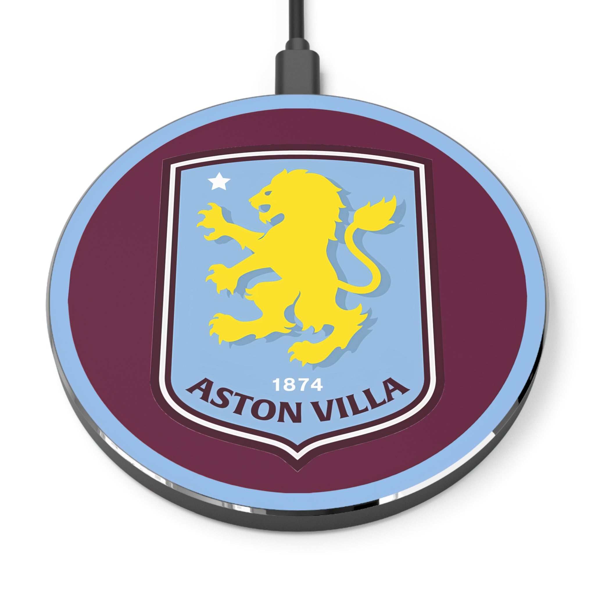 Aston Villa FC wireless charger with claret and blue design and lion crest for fast 10W charging