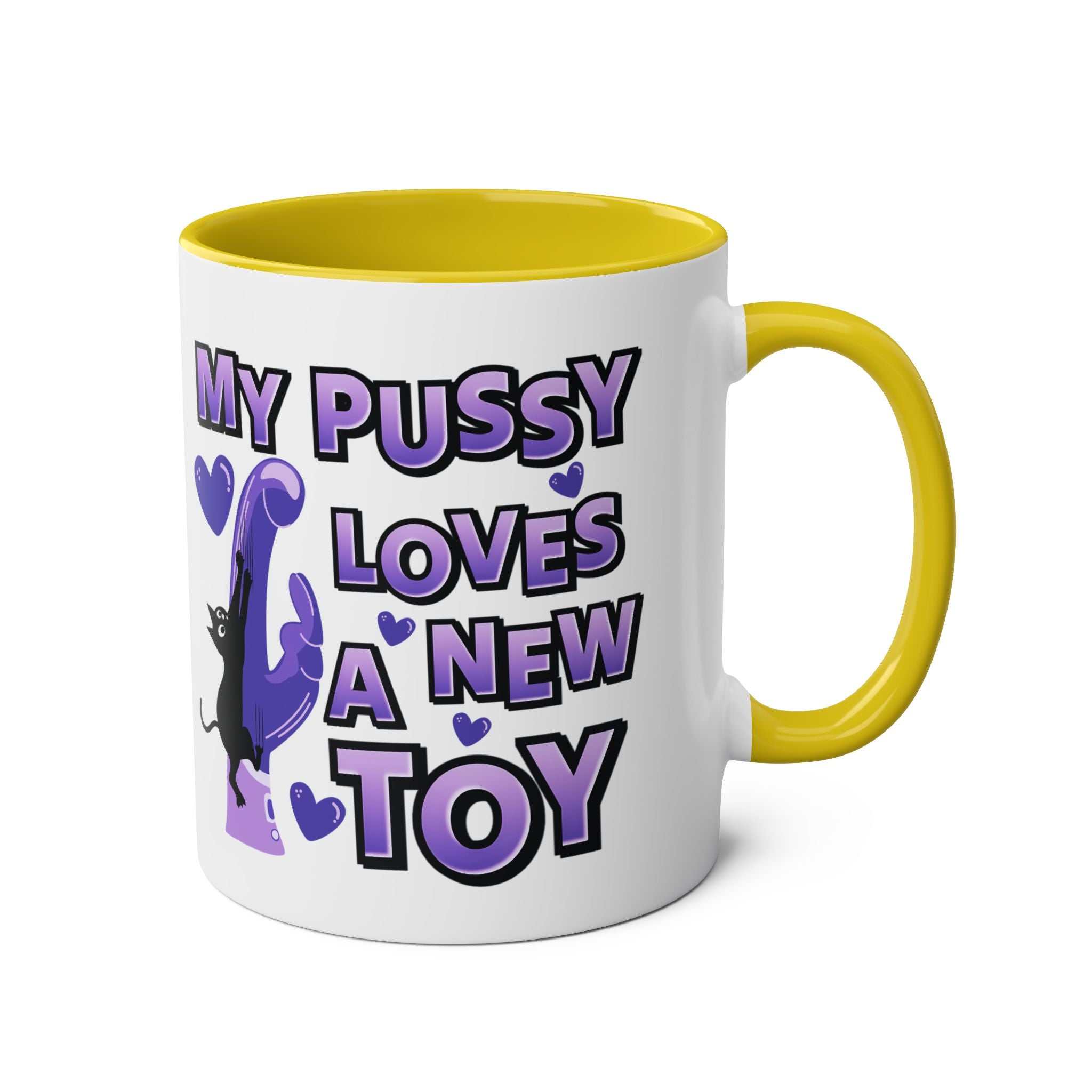 Cheeky Fun Coffee Mug with yellow handle and interior featuring playful purple text and a black cat design