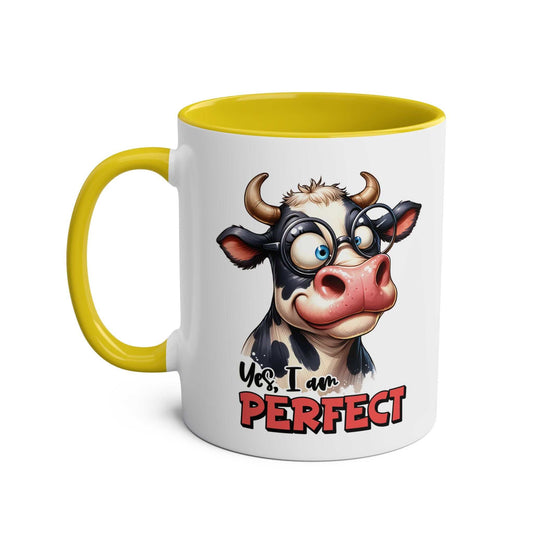 I Am Perfect Coffee Mug with fun cow design and yellow interior.