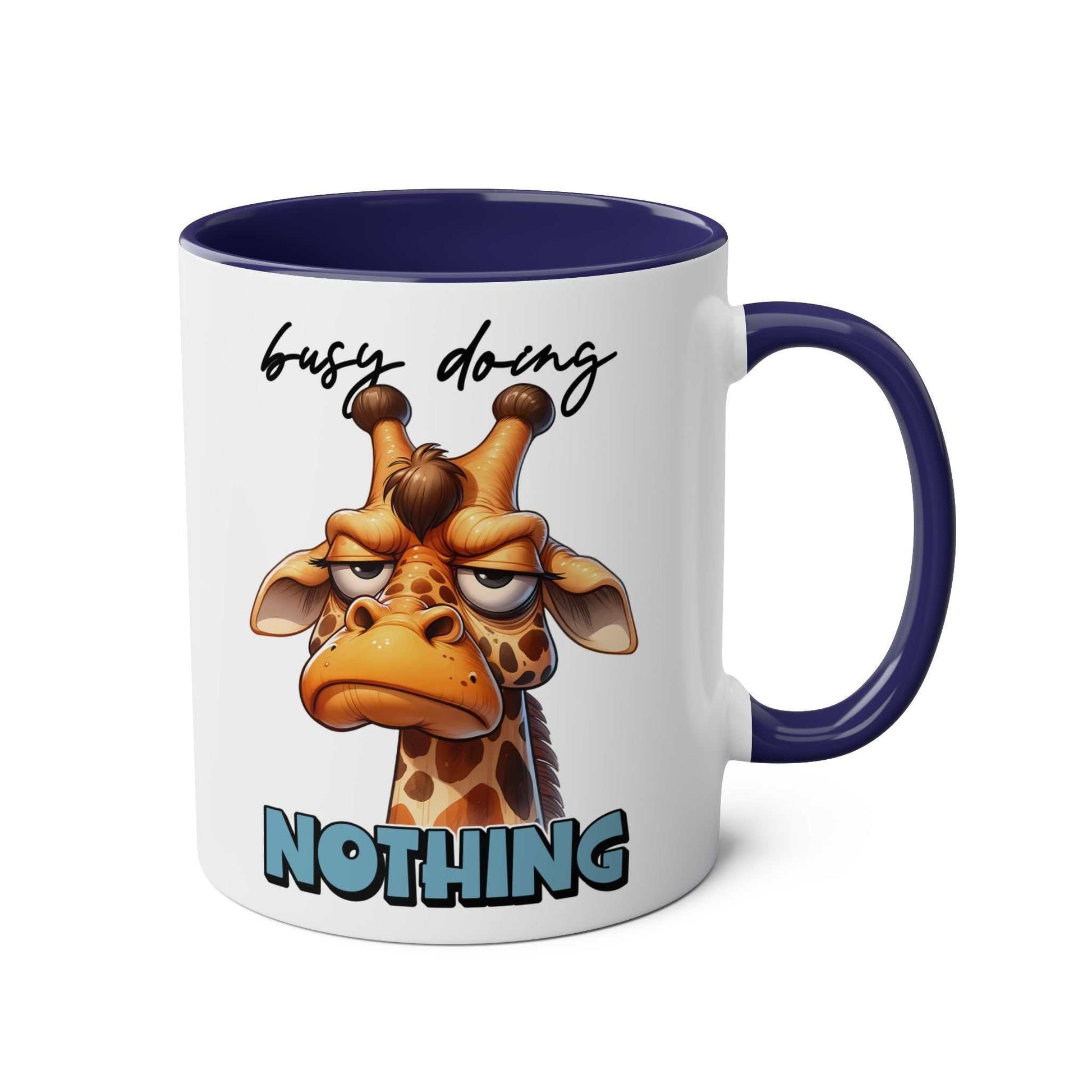 Hilarious coffee mug with giraffe design, "Busy Doing Nothing," 11oz ceramic, glossy finish.