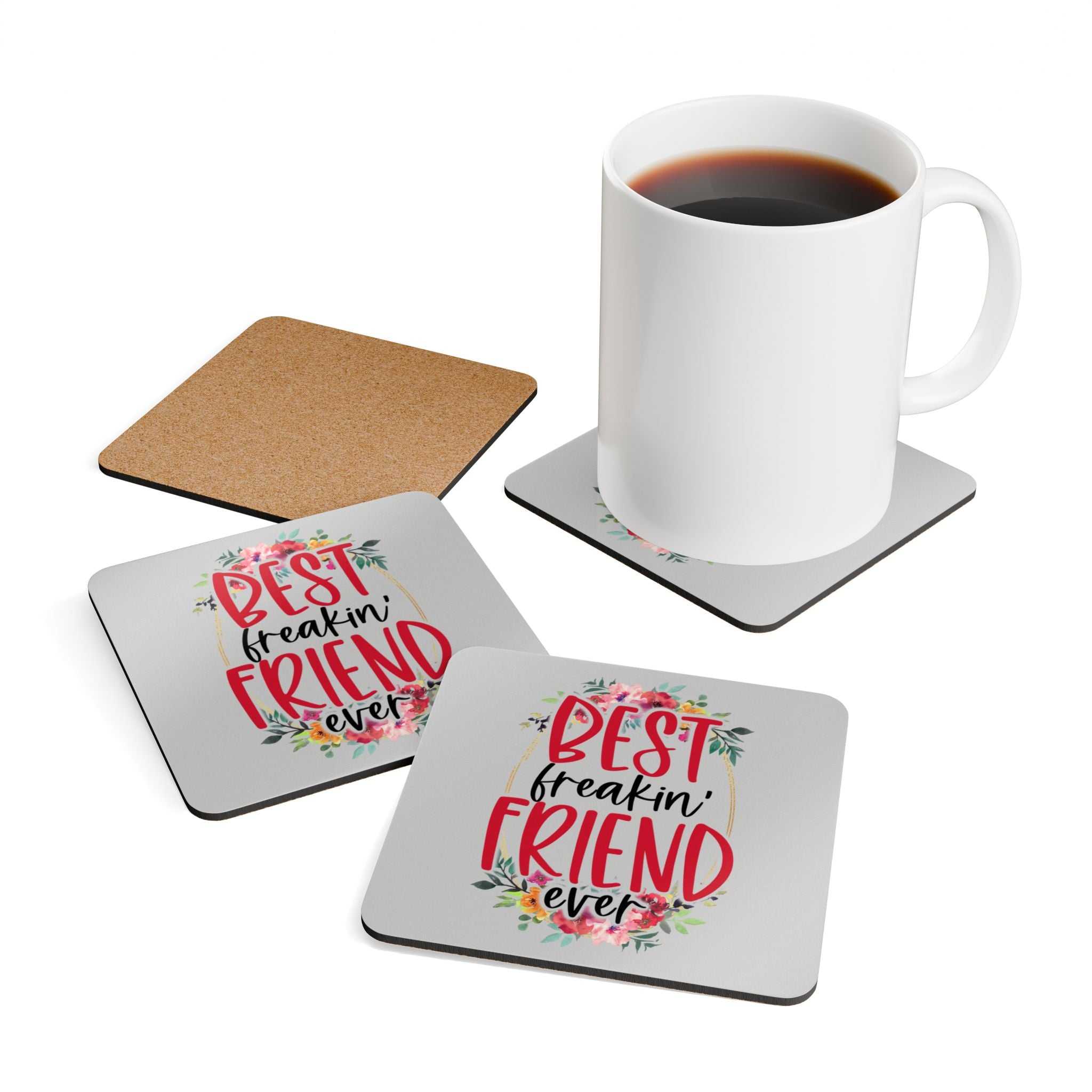 Freaking Friend Coaster Set with high-gloss MDF top and cork back, perfect gift for friends.
