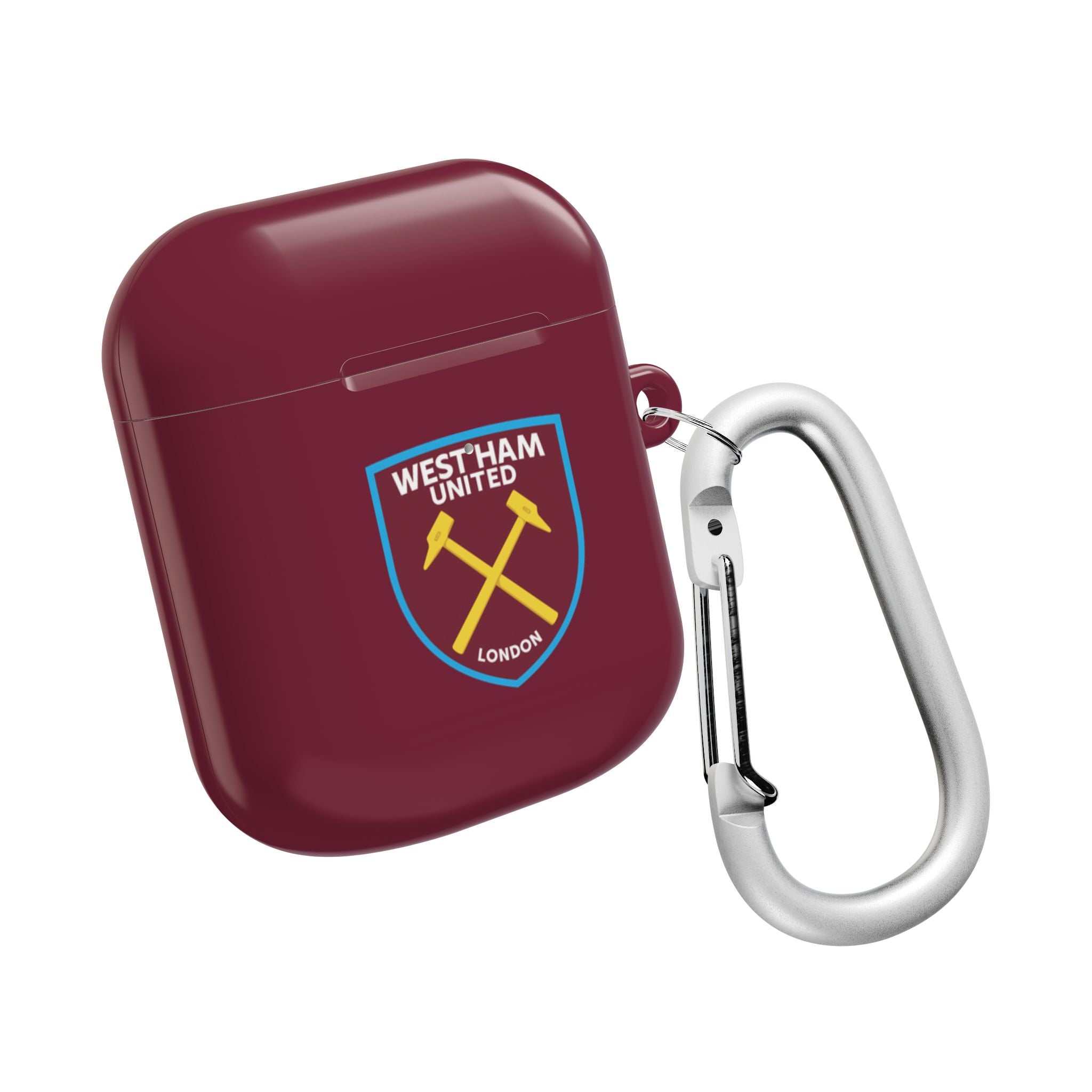 West Ham Utd FC claret AirPods protective case with crossed hammers crest and carabiner clip