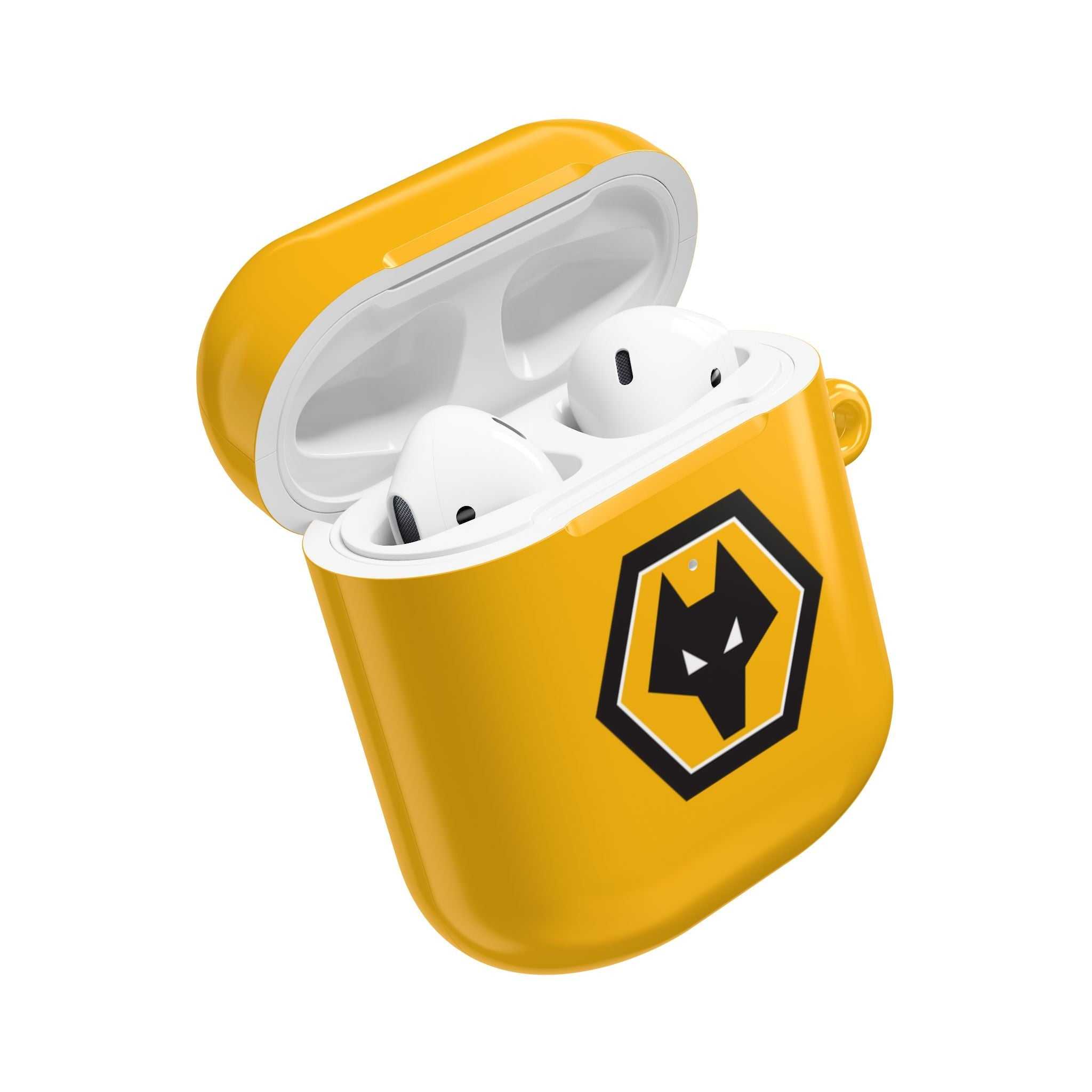 Yellow Wolves FC AirPods case with black wolf crest logo, glossy protective cover for AirPods and AirPods Pro