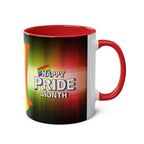 LGBTQ+ Pride mug with vibrant rainbow design and "Happy Pride Month" text.