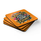 Fucks Coaster Set with humorous text, high-gloss MDF top, cork back, water-repellent, heat-resistant, easy to clean.