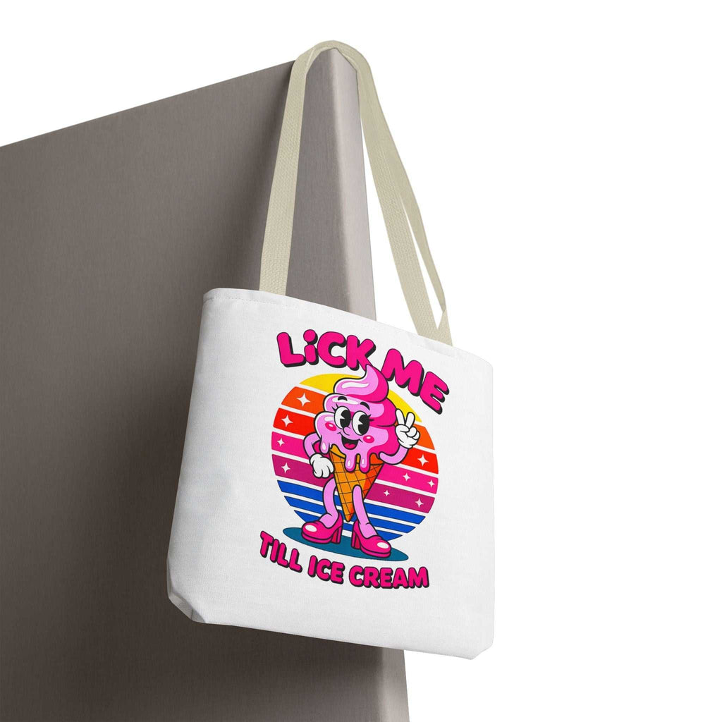 Cheeky Lick Me Till Ice Cream Tote Bag with fun design, durable spun polyester, multiple sizes and handle color options