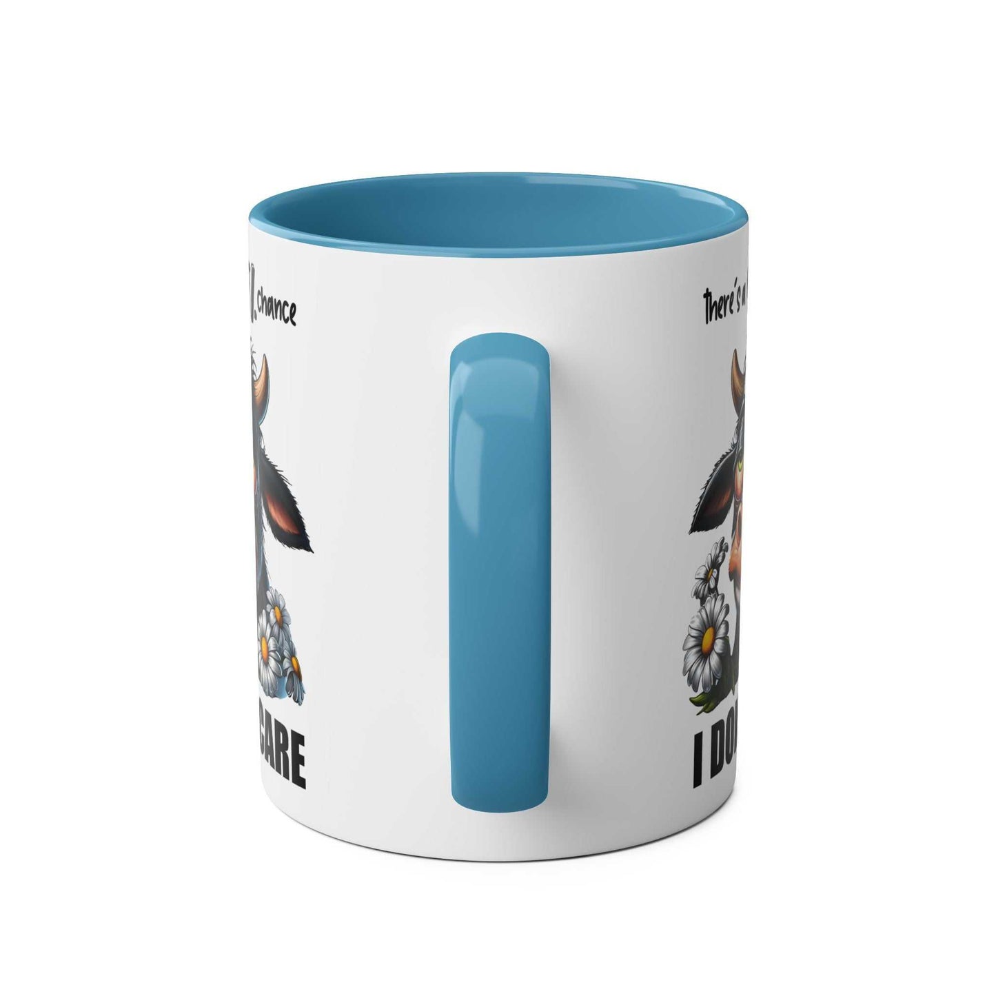 I Dont Care Coffee Mug with sarky cow design, 11oz ceramic, glossy finish, blue interior.