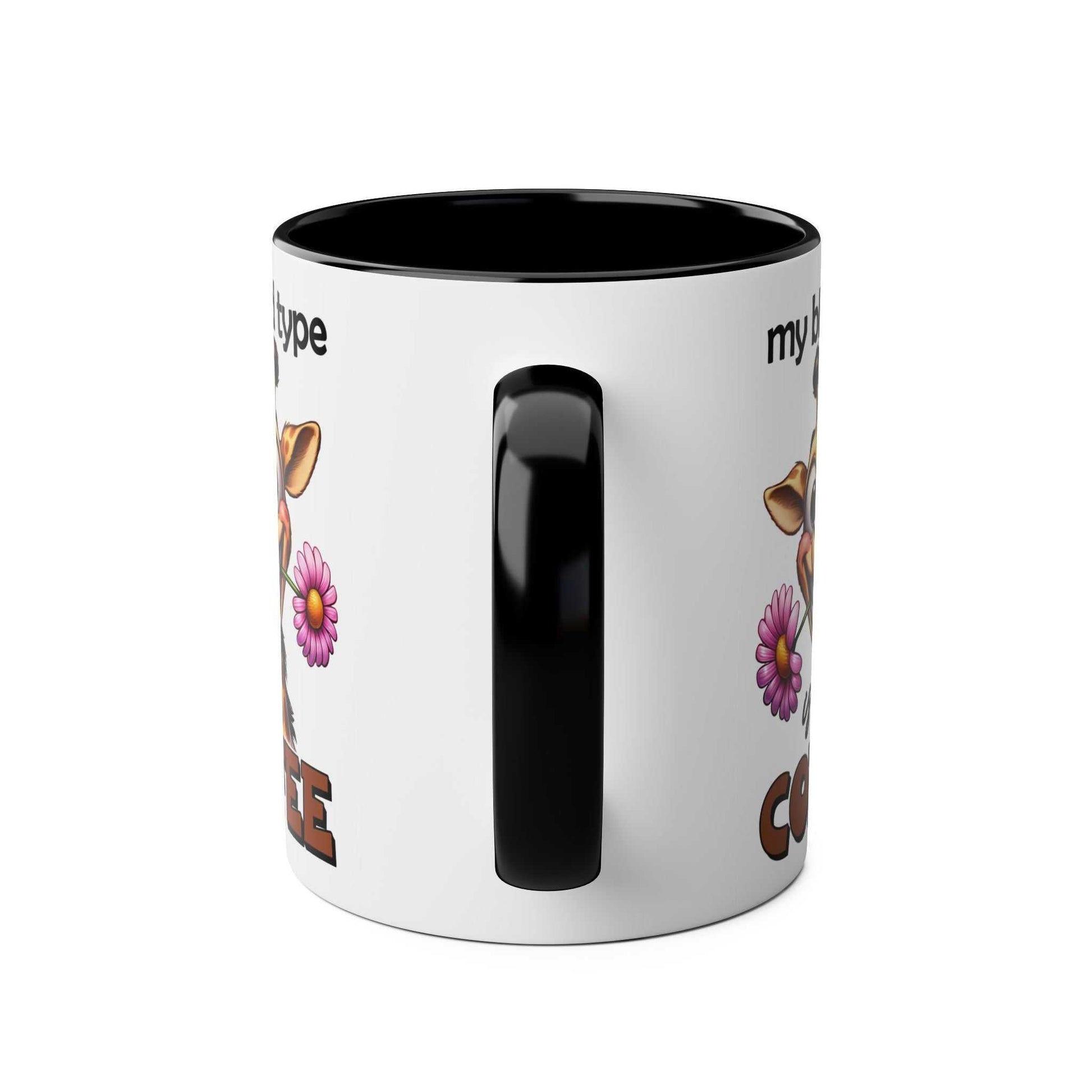 Funny giraffe design on "My Blood Type Coffee Mug" with a black handle and interior.