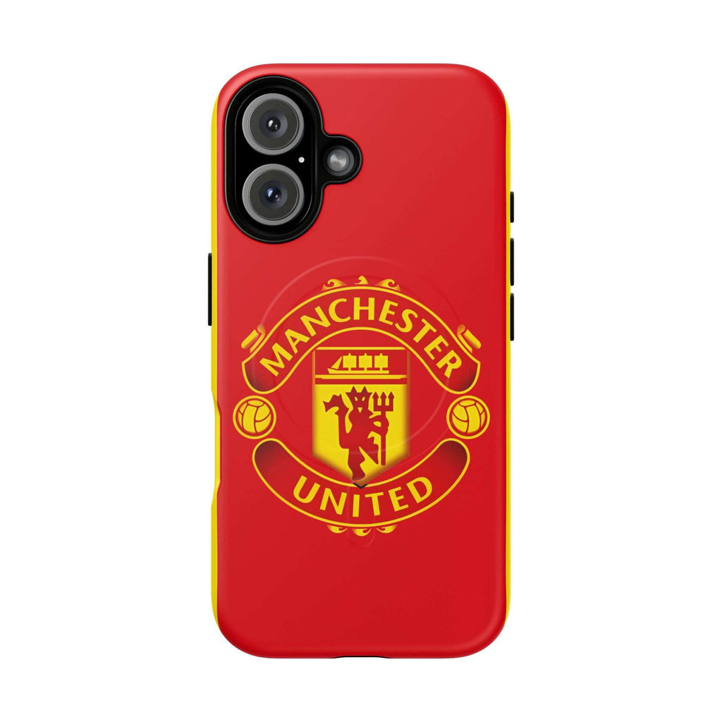 Manchester United MagSafe iPhone case with red and gold crest, dual-layer protective design, MagSafe compatible, slim and durable.