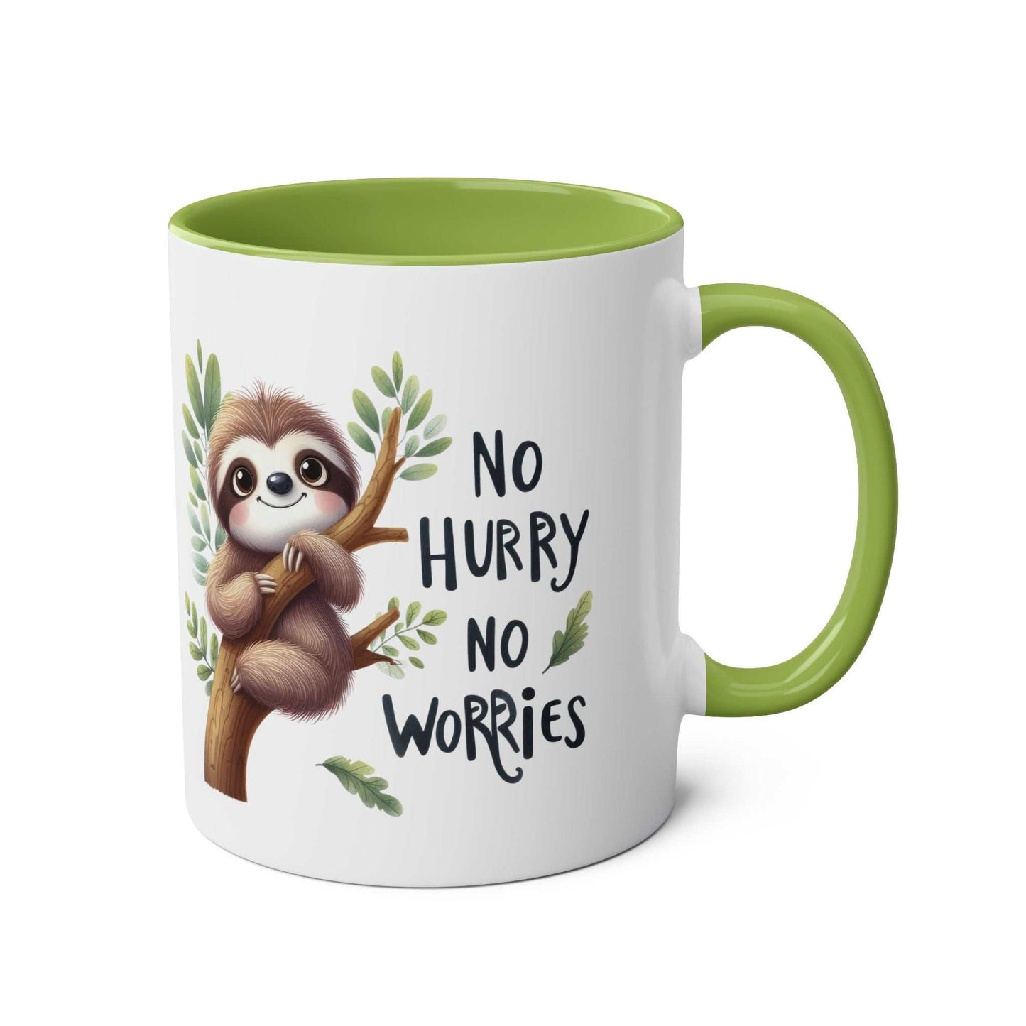 cute sloth coffee mug with green interior and "no hurry no worries" text