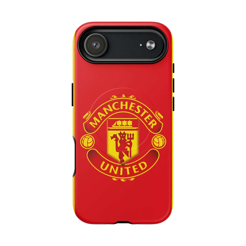 Manchester United MagSafe iPhone case with red and yellow crest design, dual-layer protection, and wireless charging compatibility