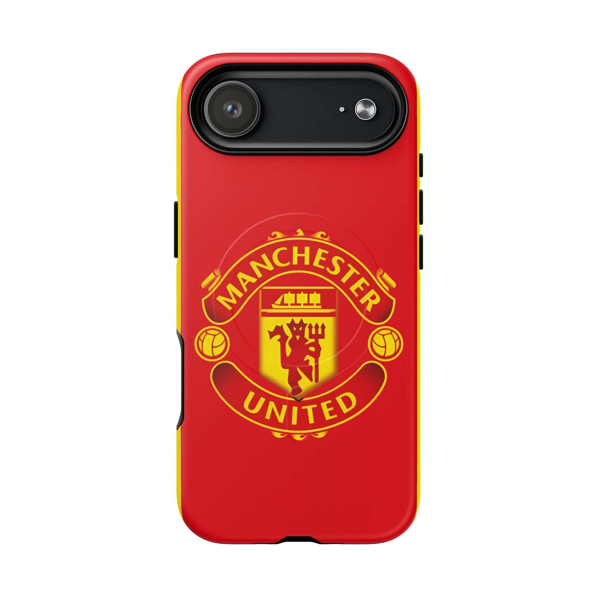 Manchester United MagSafe iPhone case with red and yellow crest design, dual-layer protection, and wireless charging compatibility