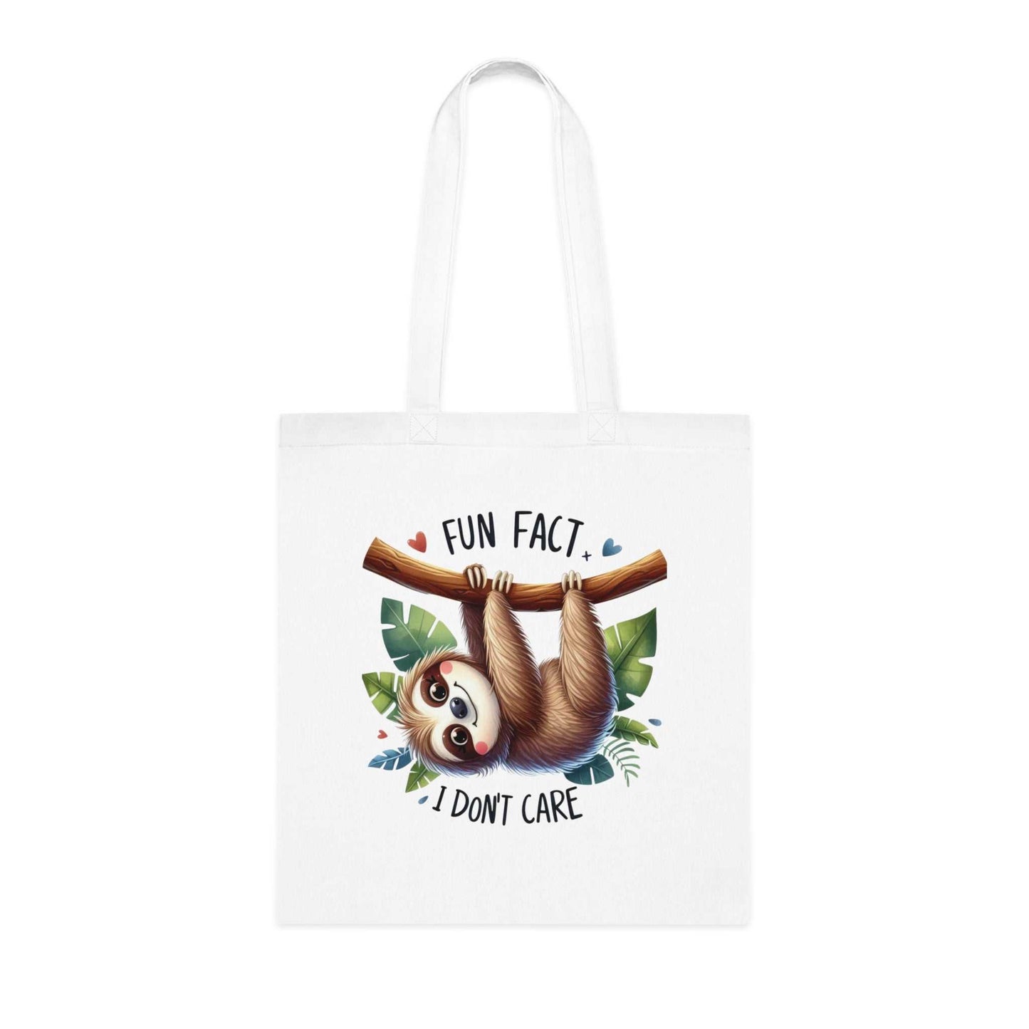 Cotton tote with cute sloth design and "Fun Fact, I Don't Care" text, perfect for sloth lovers and everyday use.