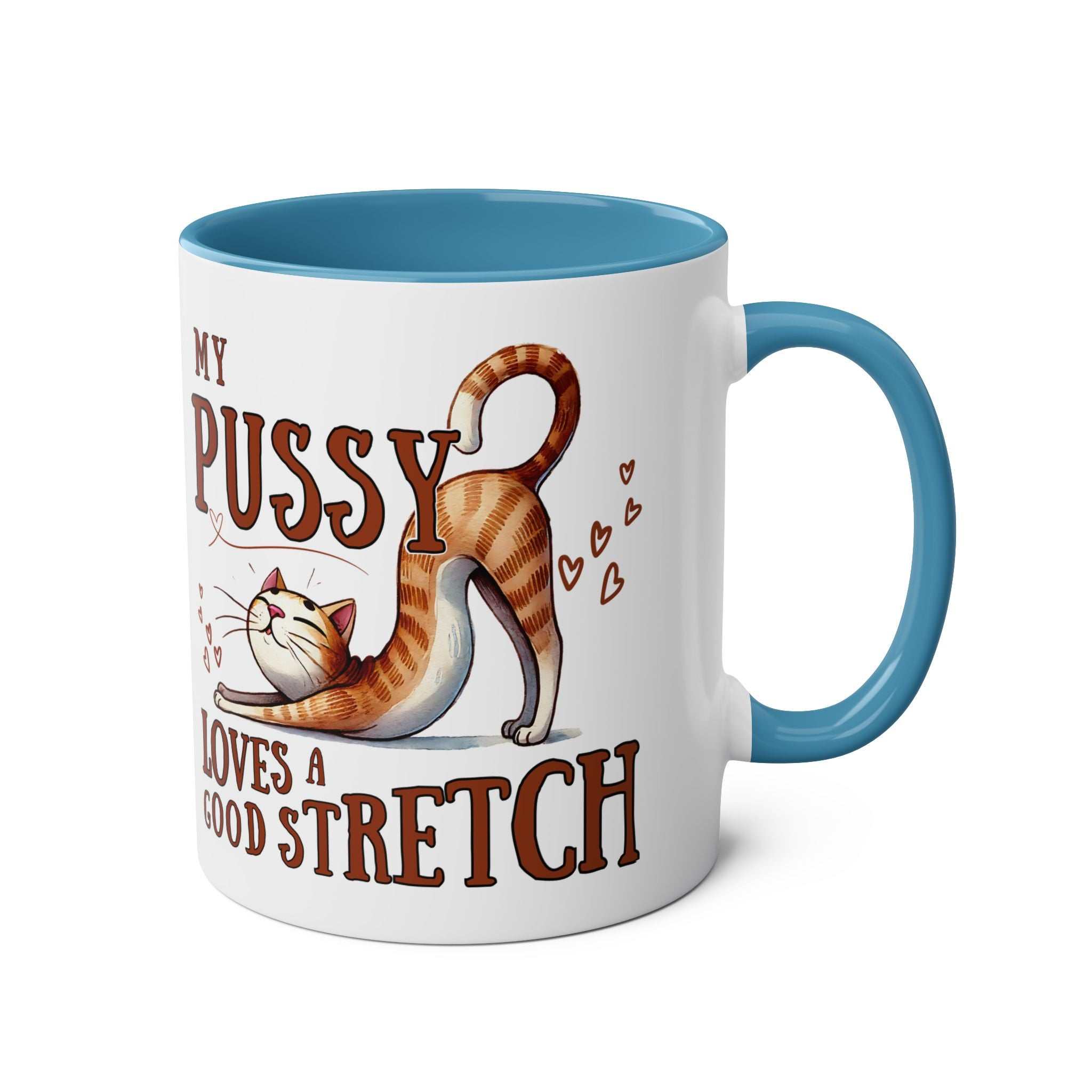 Cheeky Fun Coffee Mug with playful cat illustration and humorous text, glossy 11oz ceramic, blue handle and interior, microwave and dishwasher safe