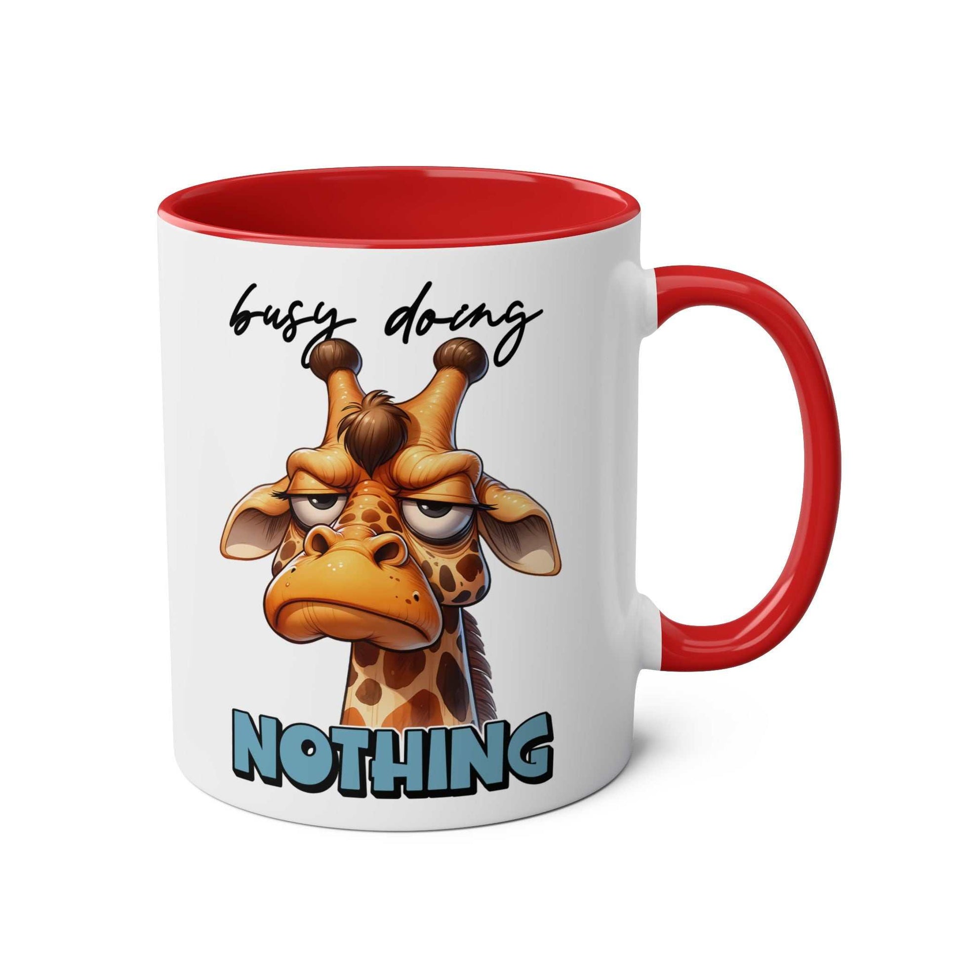 Giraffe design coffee mug with "busy doing nothing" text, 11oz ceramic, available in 7 colors.