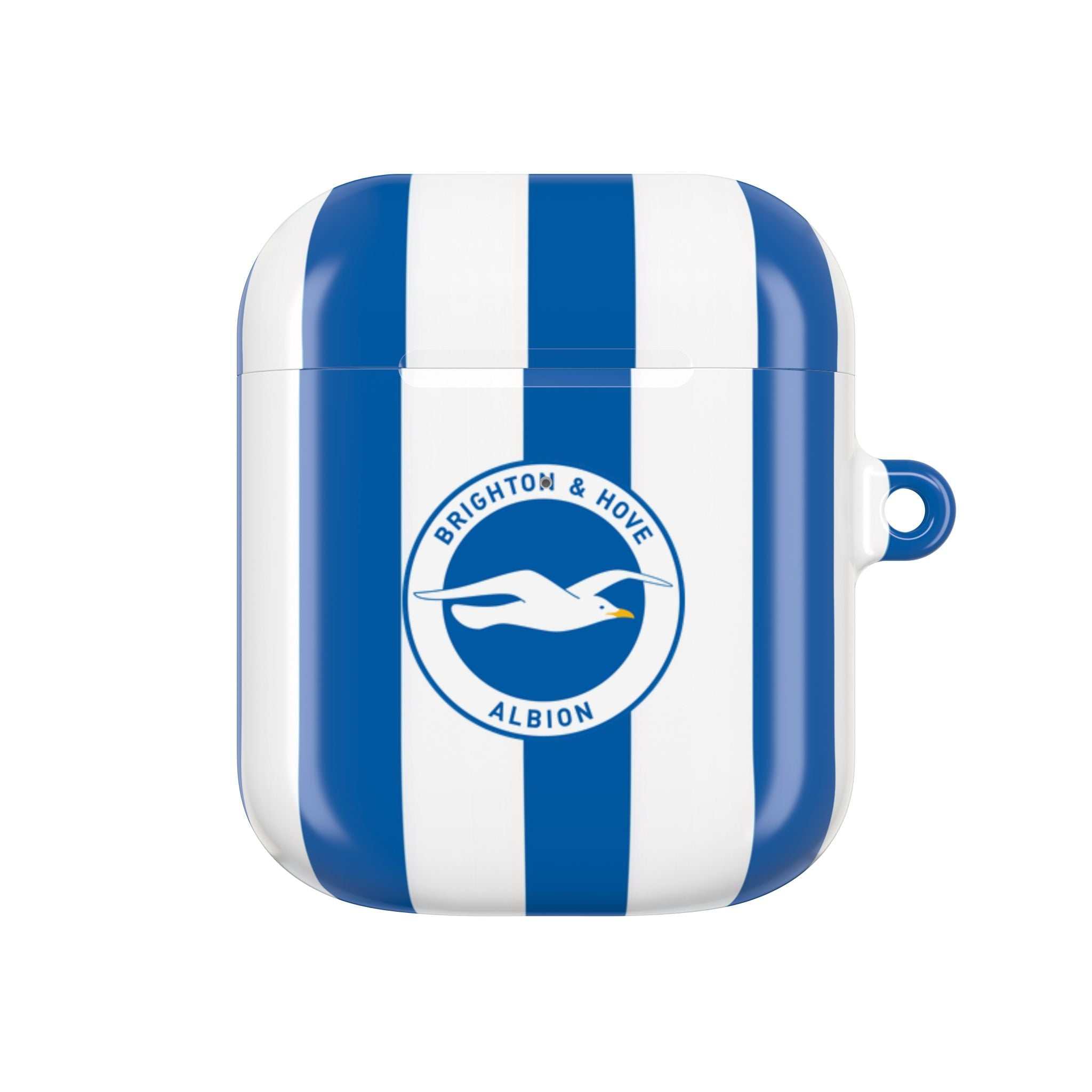 Brighton FC AirPods protective case with blue and white stripes and club crest, shock-resistant and wireless charging compatible