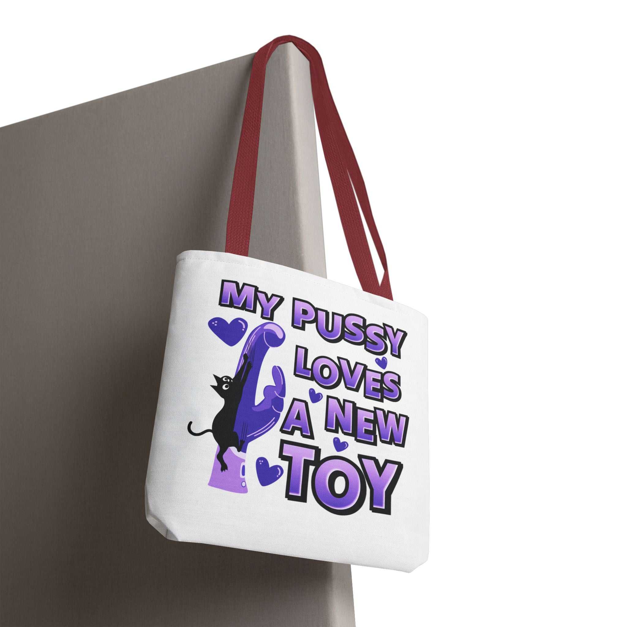 Cheeky fun cat toy tote bag in multiple sizes with colorful handles and durable spun polyester fabric