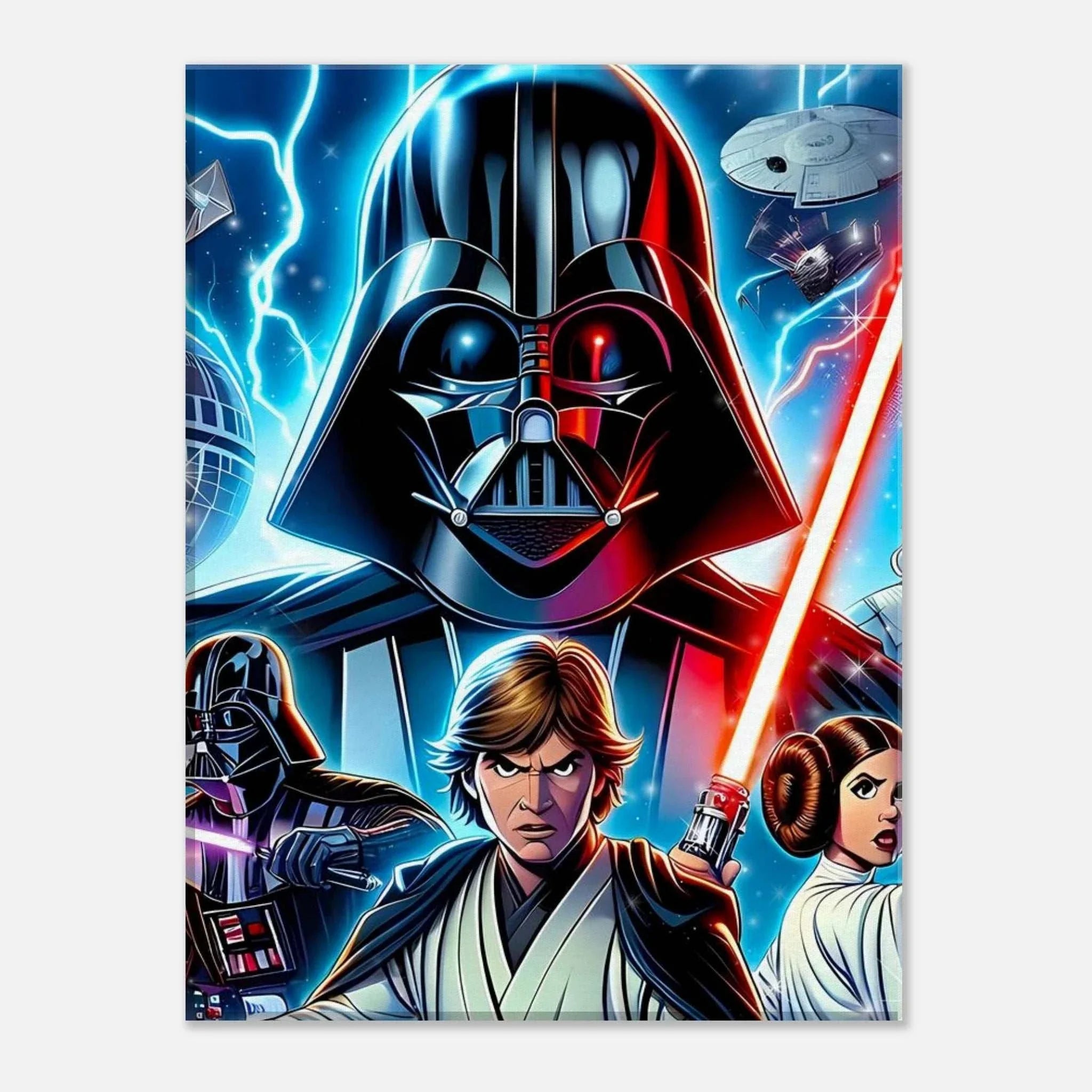 Star Wars wall canvas featuring vibrant print of iconic characters and scenes from the saga.
