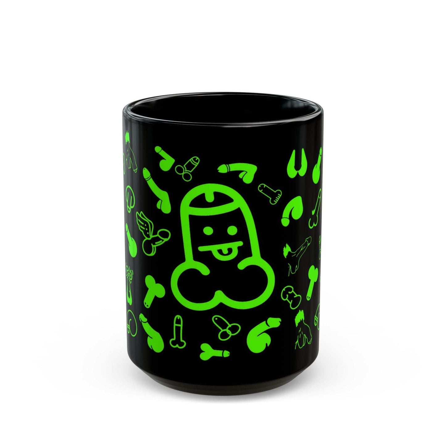 Black ceramic mug with playful green willie print, available in 11oz and 15oz sizes.