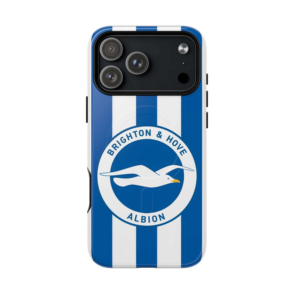 Brighton FC MagSafe iPhone case with blue and white stripes and seagull crest, durable dual-layer protective design.