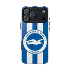 Brighton FC MagSafe iPhone case with blue and white stripes and seagull crest, durable dual-layer protective design.