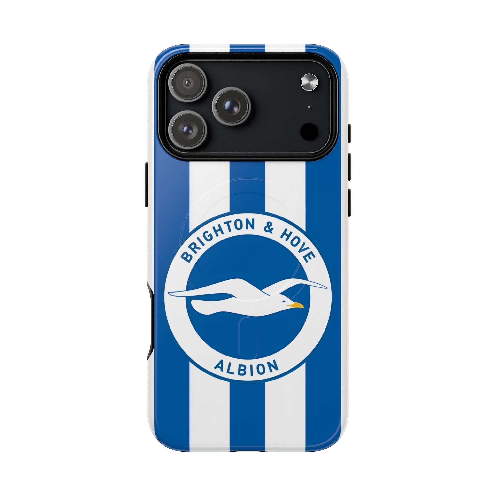 Brighton FC MagSafe iPhone case with blue and white stripes and seagull crest, durable dual-layer protective design.