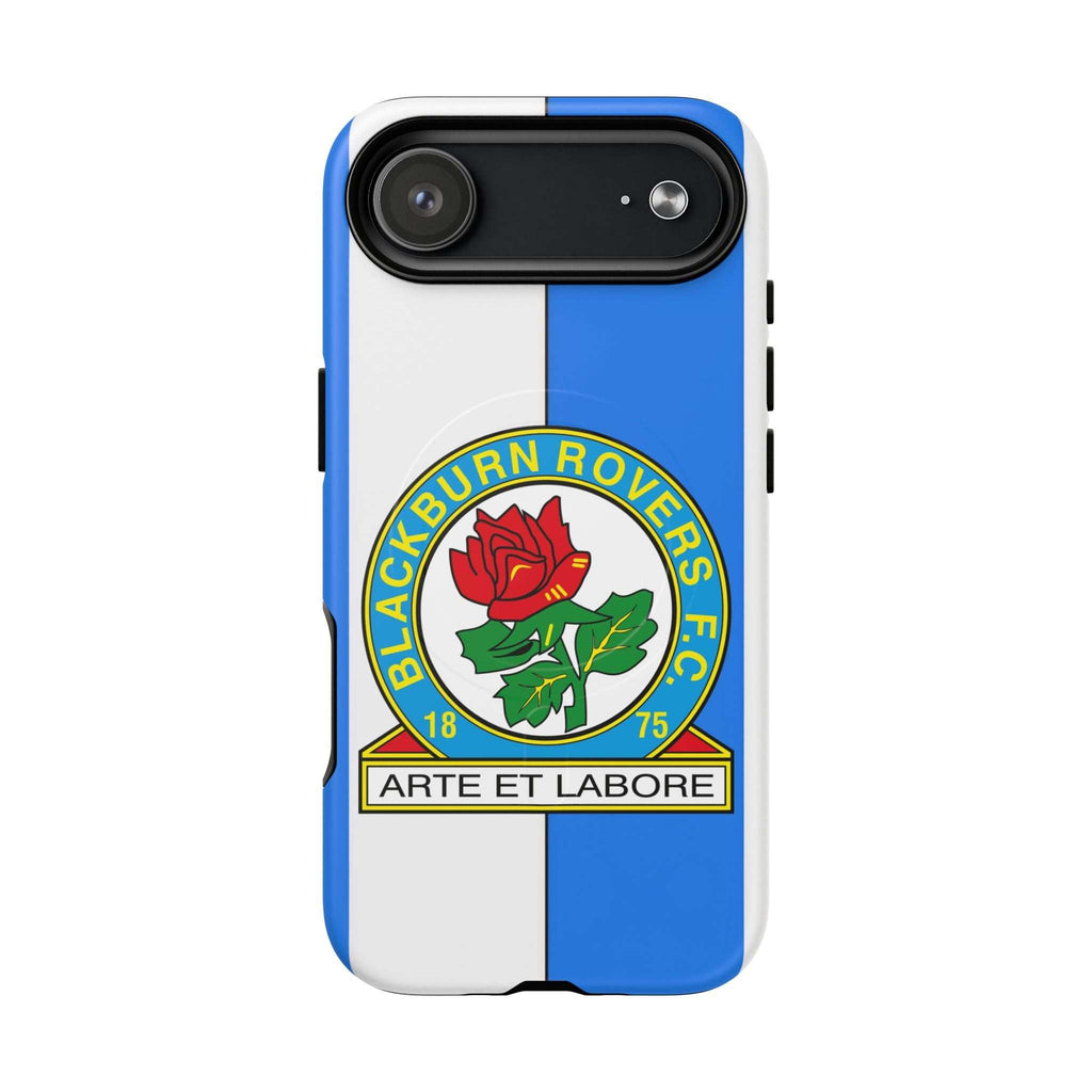 Blackburn Rovers MagSafe iPhone case with blue and white colors and club crest, dual-layer protection, and wireless charging compatible