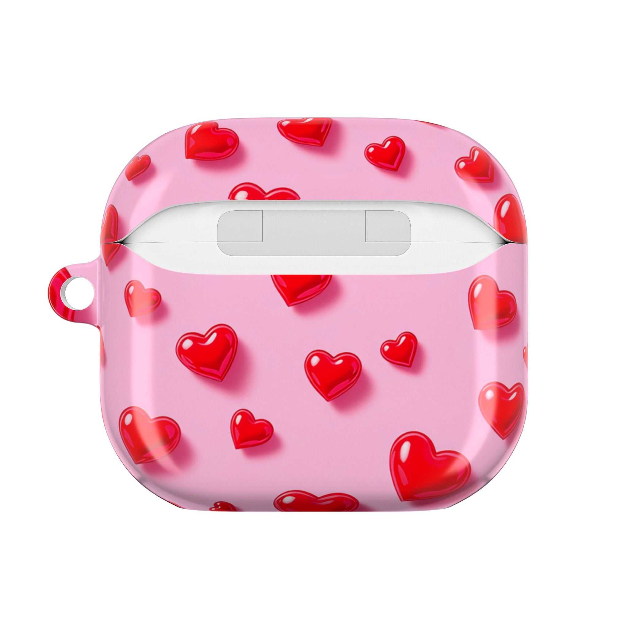 Pink hard shell AirPods case with red heart pattern and glossy finish