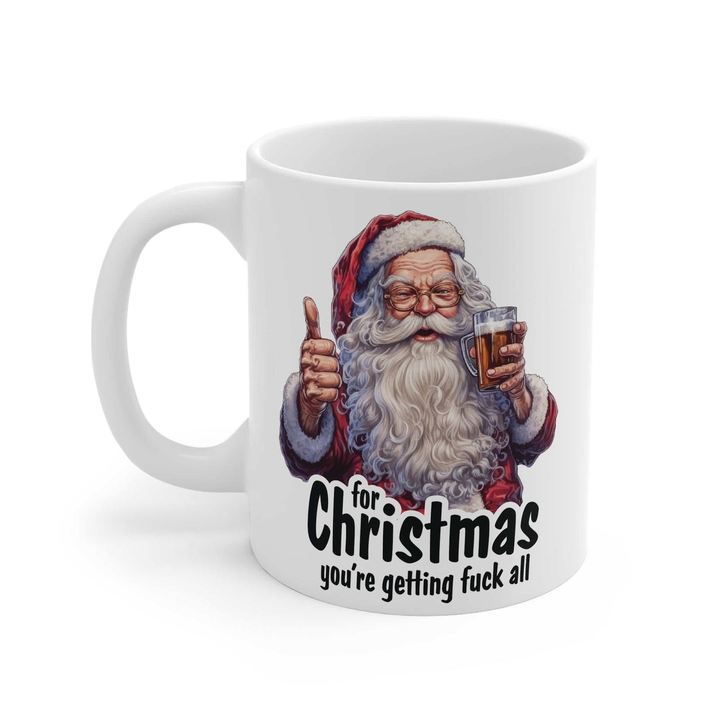 Rude Santa Christmas mug with cheeky festive design, 11oz ceramic, glossy finish.