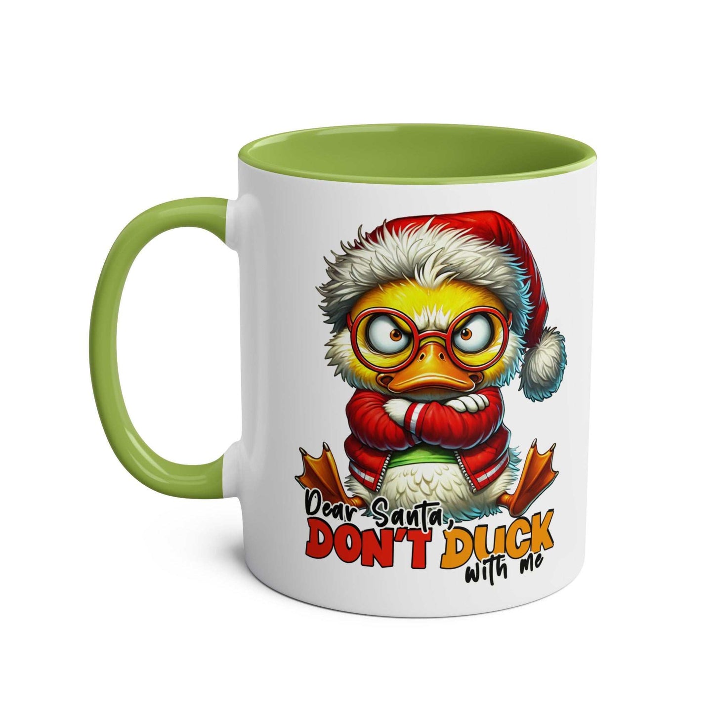 Sarky Christmas Mug with a sassy duck design, 11oz ceramic, glossy finish, available in 7 colors, microwave and dishwasher safe.