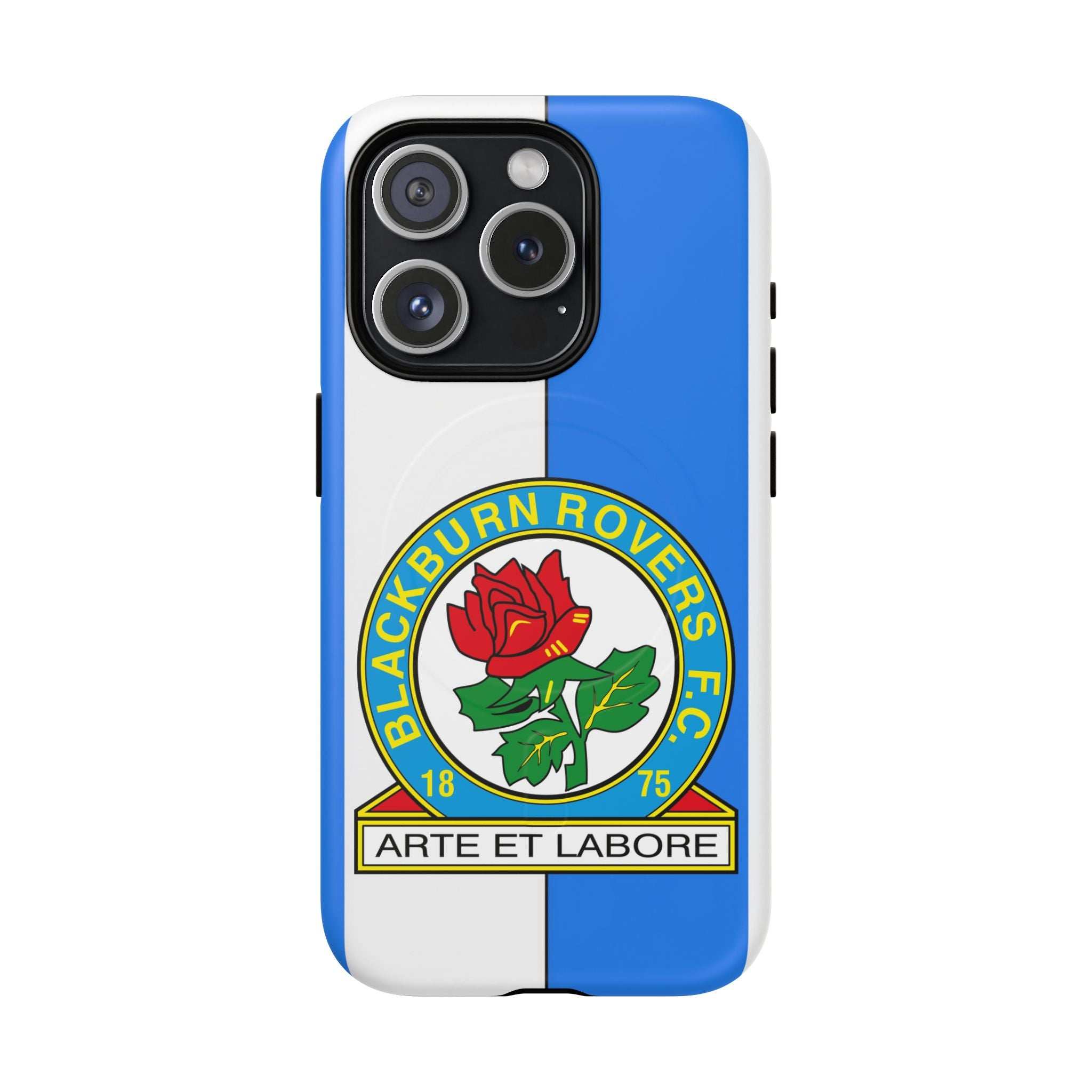 Blackburn Rovers MagSafe iPhone case with blue and white colors and club crest, durable dual-layer protection, and MagSafe compatibility