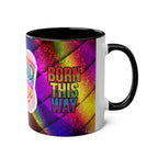 Vibrant rainbow-themed LGBTQ+ Pride mug with "Born This Way" text.