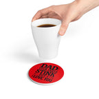 Dad Farts Stink ceramic coaster with red humorous text and cork backing for drink protection