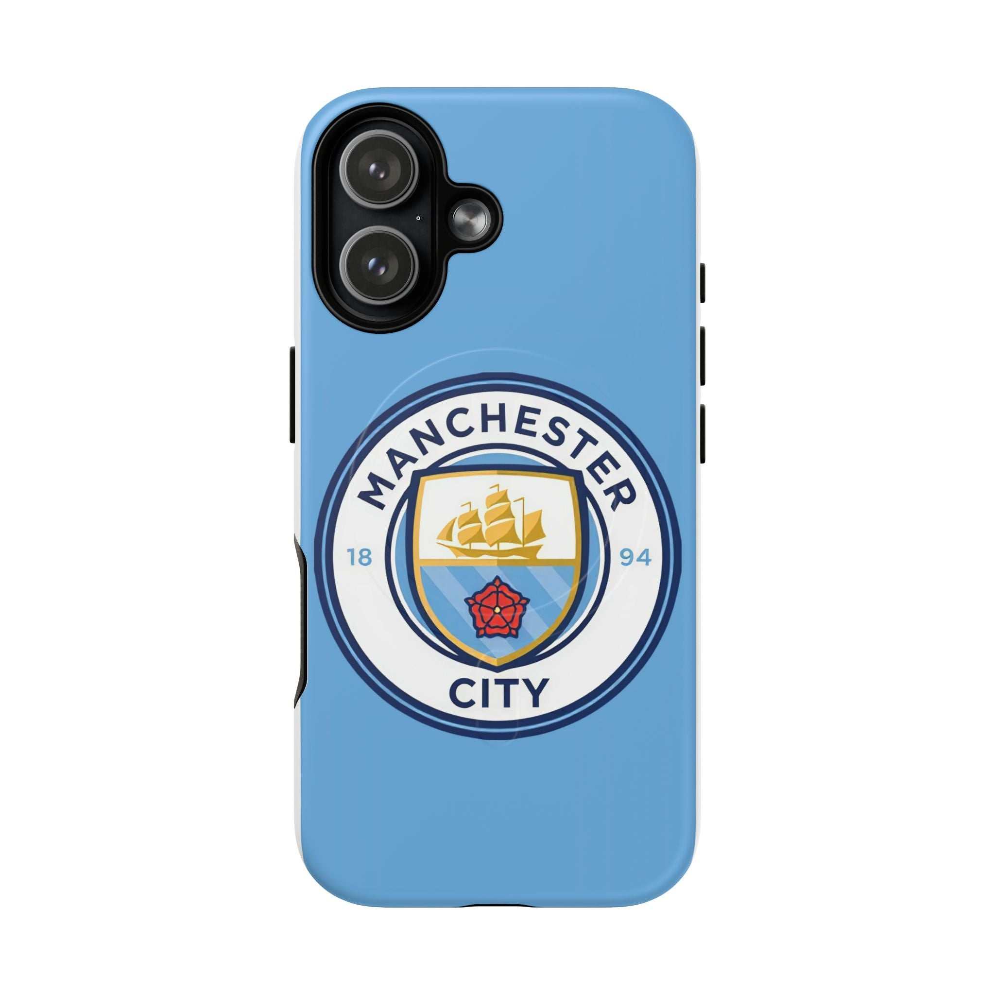Manchester City MagSafe iPhone case in sky blue with club logo, dual-layer protective design, and MagSafe compatibility.
