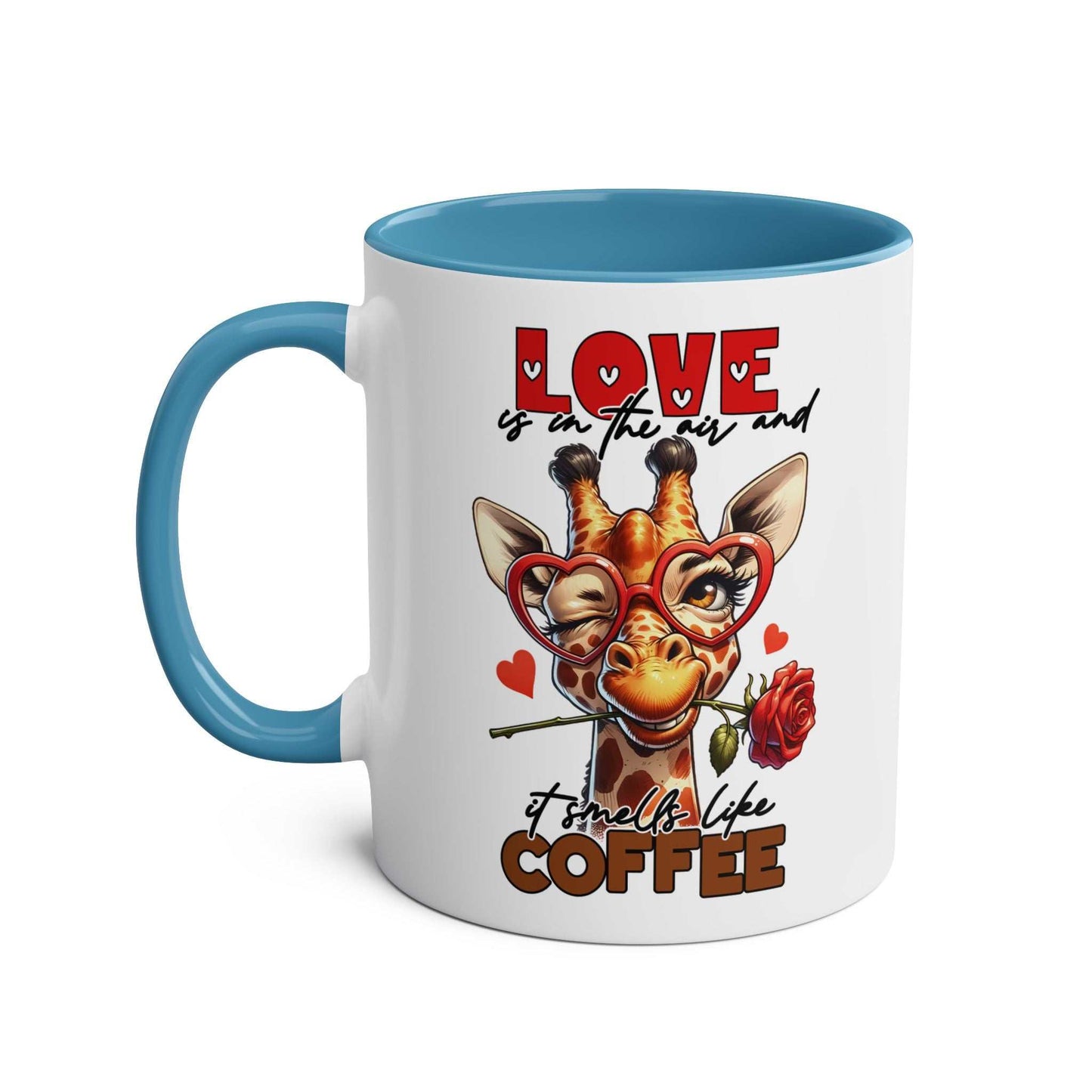 Giraffe-themed "Smells Like Coffee" mug with red heart glasses and blue handle.