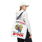 Funny Minion tote bag with cheeky design, durable polyester, multiple sizes and colorful handles