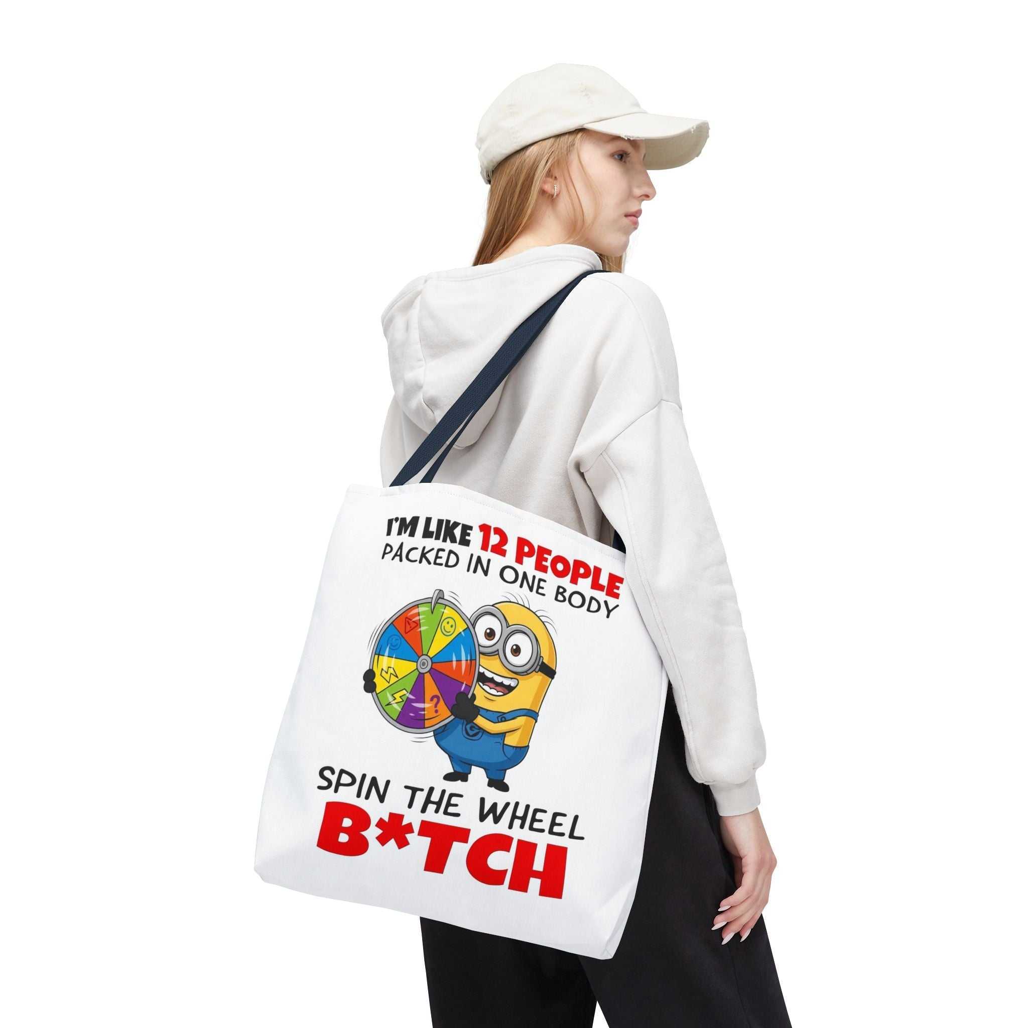 Funny Minion tote bag with cheeky design, durable polyester, multiple sizes and colorful handles