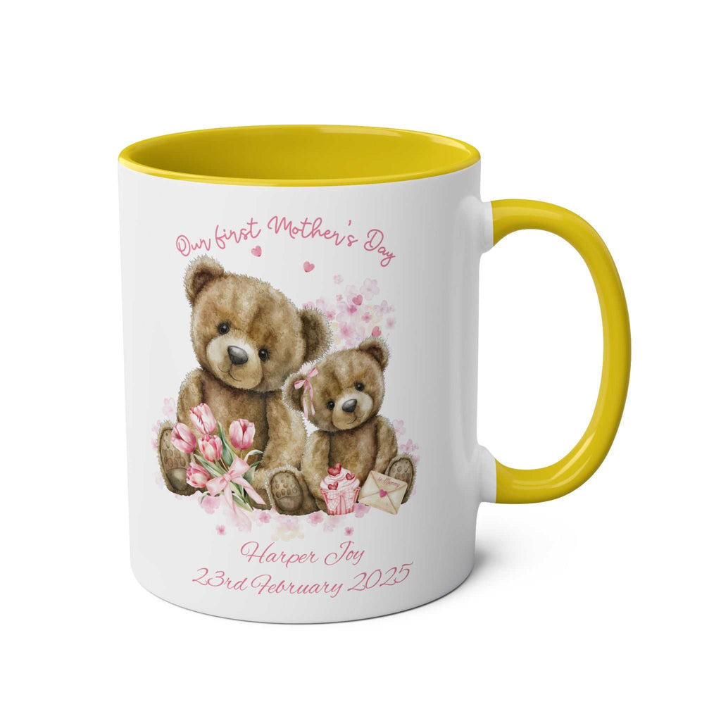 Personalised Our First Mother's Day mug with teddy bear design, baby’s name and birth date, glossy finish, 11oz ceramic, microwave and dishwasher safe